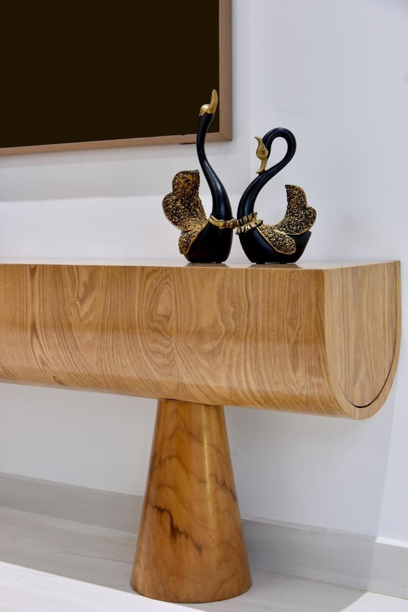 Curved teak console table with pedestal base