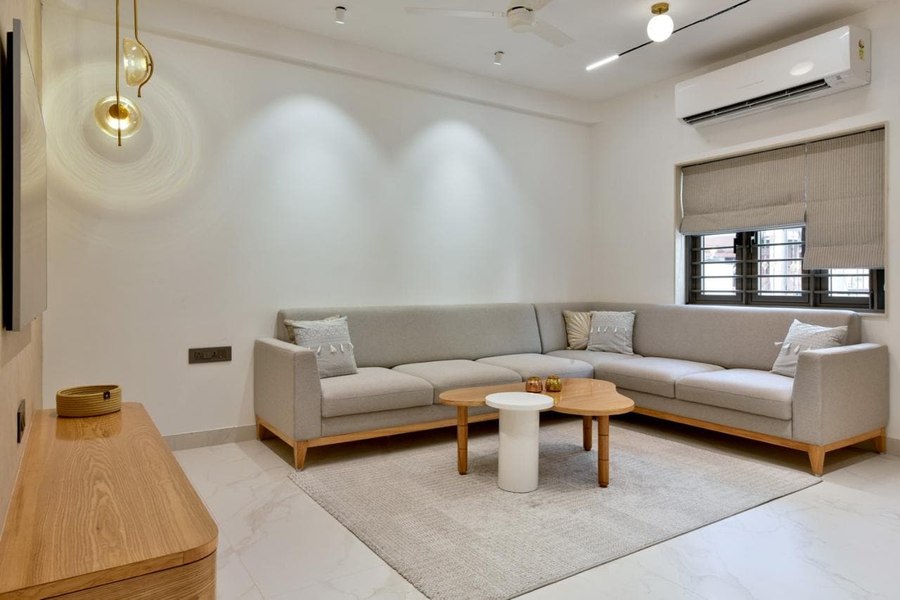 Grey L-Shape Sofa & Teak TV Unit