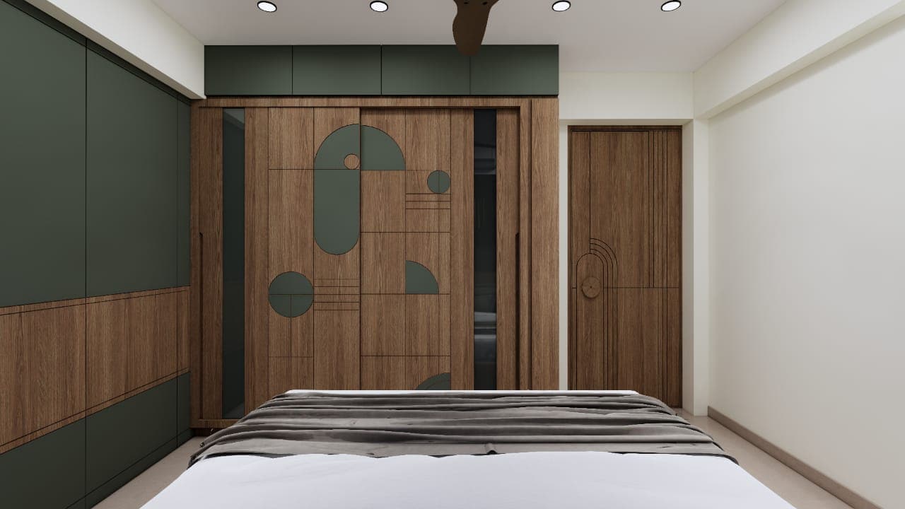 Walnut sliding wardrobe with geometric inlay